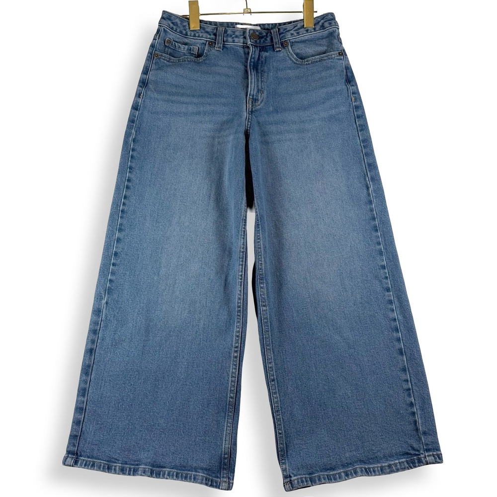 Women's High Rise Wide Leg Jeans Medium Wash Stretch Denim Size 6 Cropped 24.5"